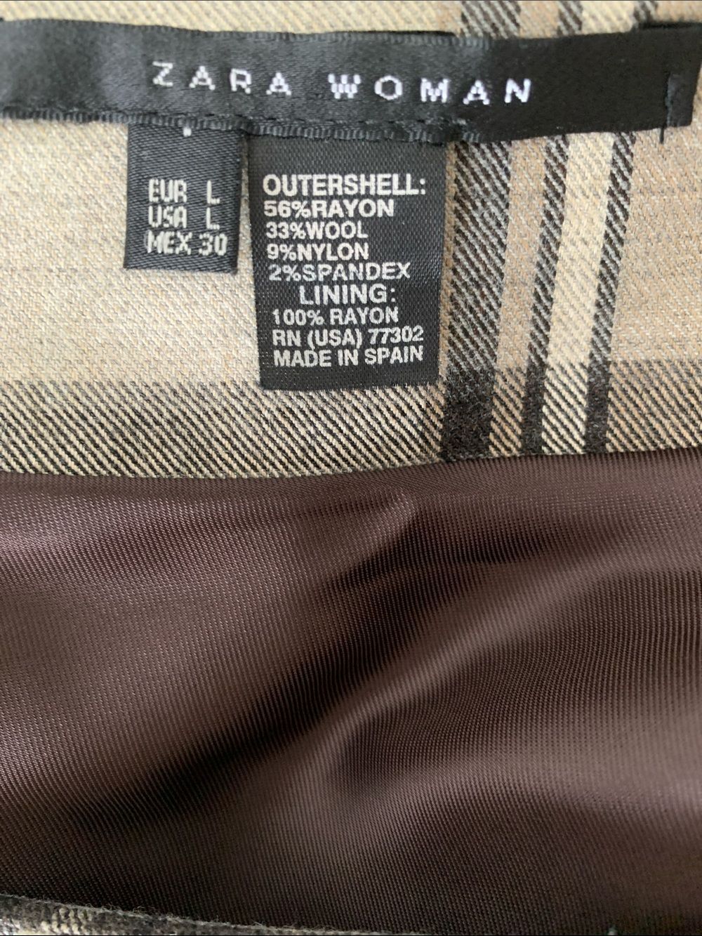 Zara Wool Blend Beige and Brown Plaid Belted Pockets Dress Size L - Picture 7 of 8